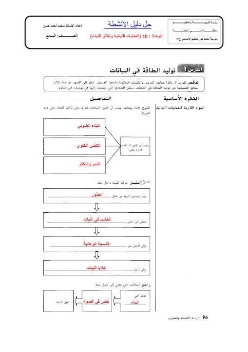 حل دليل الأنشطة علوم وحدة العمليات النباتية وتكاثر النبات صف سابع فصل