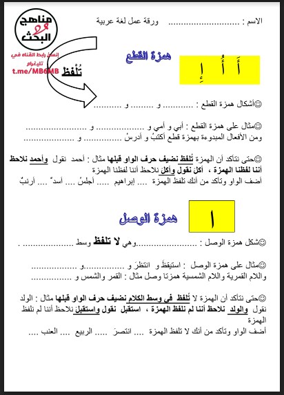 ورق عمل همزة الوصل والقطع لغة عربية صف ثالث فصل ثالث