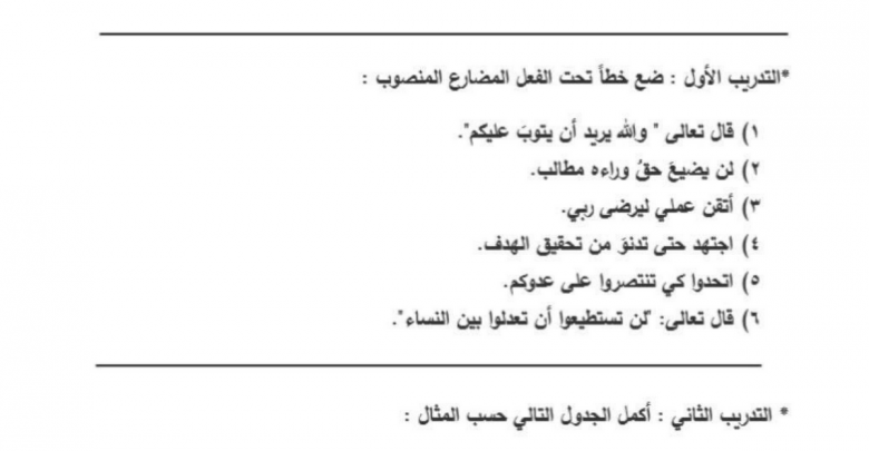 ورق عمل أدوات نصب الفعل المضارع لغة عربية صف ثامن فصل ثاني مدرستي