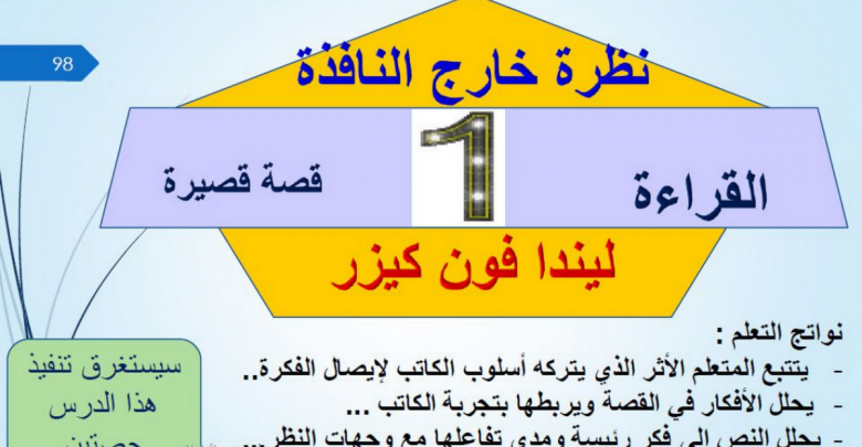 حل درس قصة نظرة خارج النافذة لغة عربية للصف الثاني عشر الفصل الأول